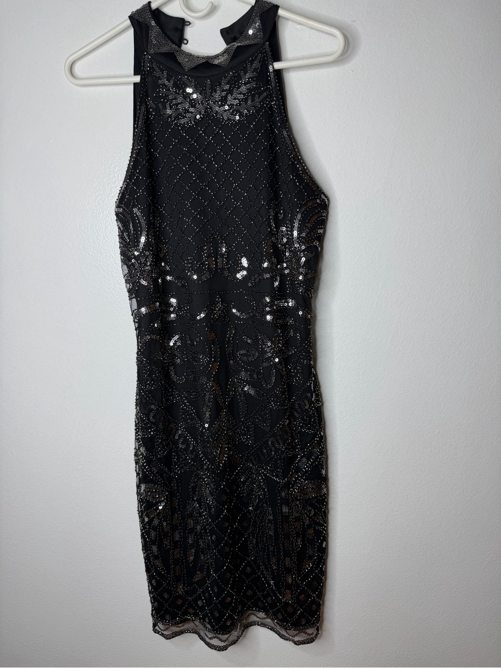 Black Sequin Midi Dress with Halter Neck